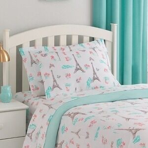 Your Zone Paris Eiffel Tower Butterfly Twin XL Cotton Sheet Set White Pink‎ Teal